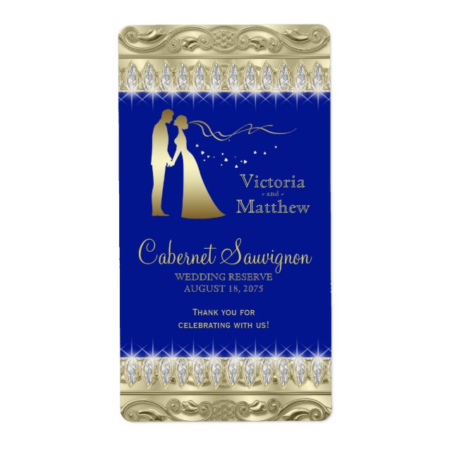 Étiquettes de vin Royal Blue Gold Mariage (Devant)