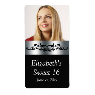 Étiquettes d'eau noir et argent pour Sweet Sixteen