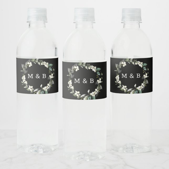 Étiquettes d'eau Noir | Mariage moderne verdoyant (Bouteilles)