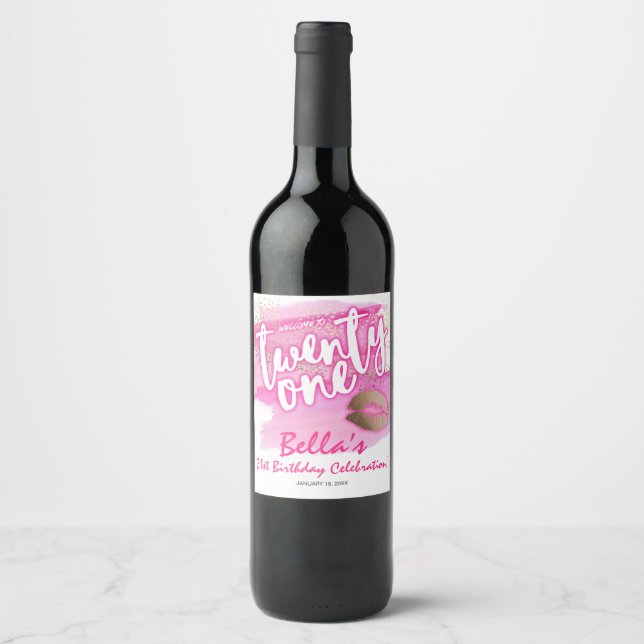 Étiquettes du vin rose et or 21e anniversaire (Devant)