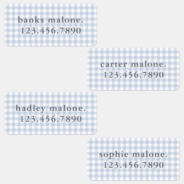 Étiquettes Dusty Blue Gingham Waterproof Name (Groupe)