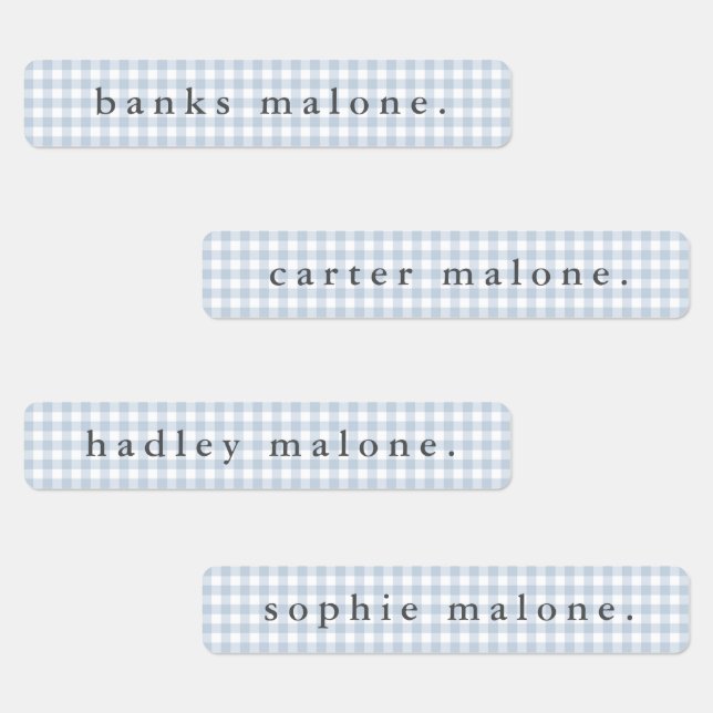 Étiquettes Dusty Blue Gingham Waterproof Name (Groupe)
