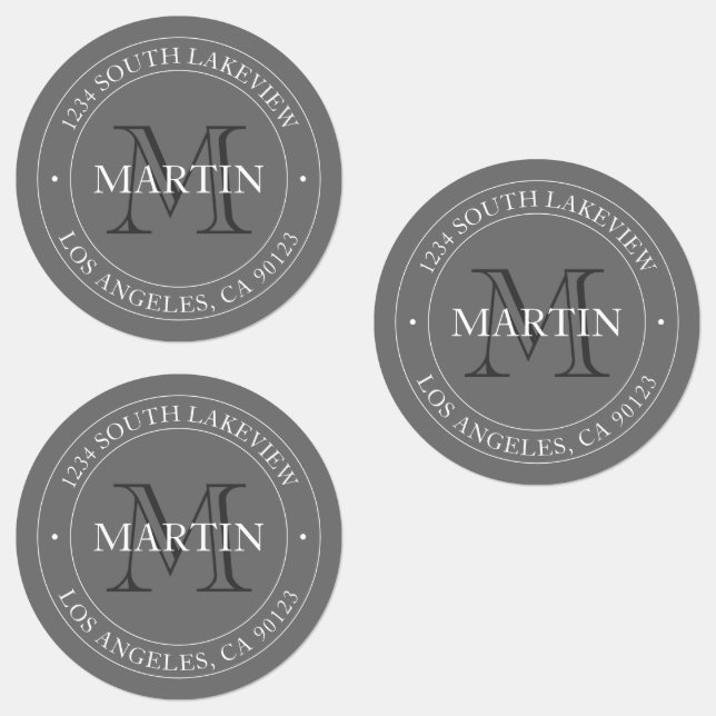 Étiquettes Élégant Monogramme moderne blanc & gris | étanche (Groupe)