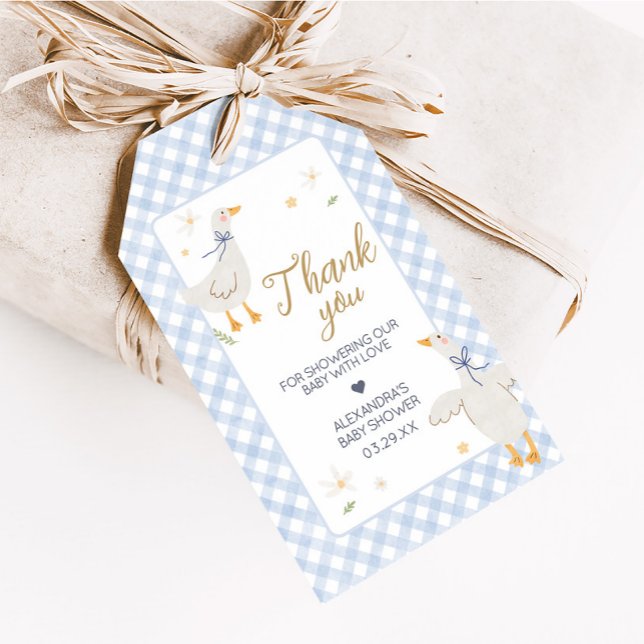 Étiquettes En vichy Baby shower de la soie (Blue Gingham Silly Goose Baby Shower Favor Tags)