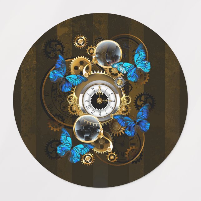 Étiquettes Engrenages à vapeur et papillons bleus (Design 1)