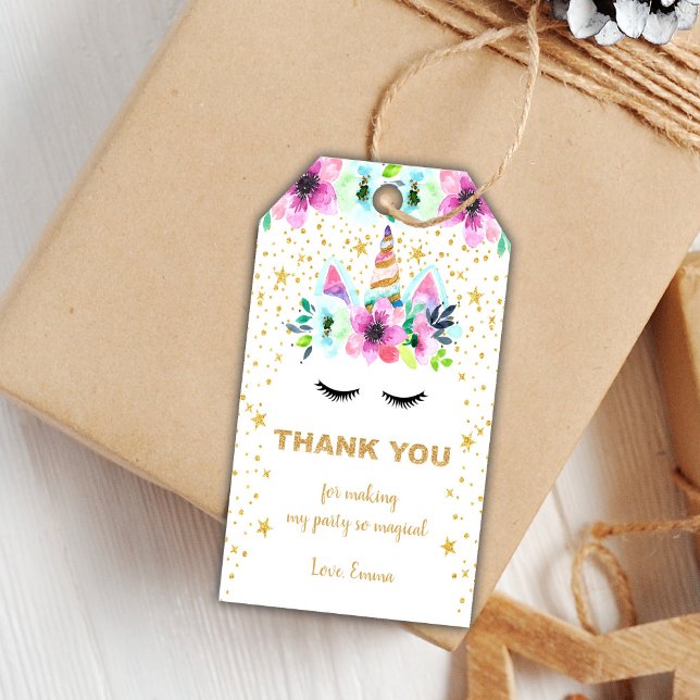 Étiquettes Favoris modifiables (Green Floral Unicorn Birthday Gift Tags)