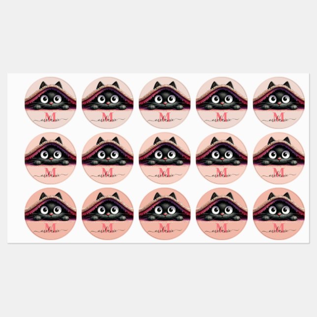Étiquettes Fille Monogramme au Nom de Script Chat  (Feuille)