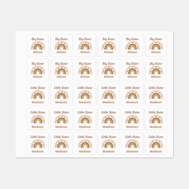 Étiquettes Grande Soeur Petite Soeur Boho Rainbow Personnalis (Feuille)