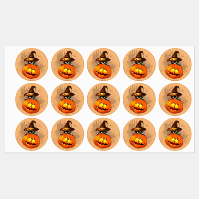 Étiquettes Halloween Cute Kitty Witch et ami Citrouille (Feuille)