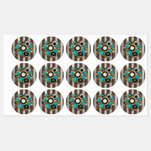 Étiquettes Horloge à vapeur et Roses turquoise sur le sol