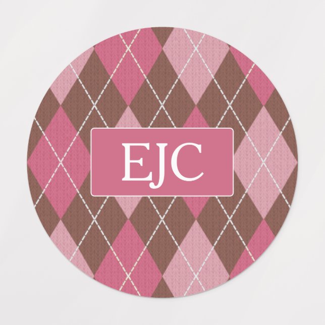 Étiquettes Jacquard Knit rose et Motif Brown - vos initiales (Design 5)
