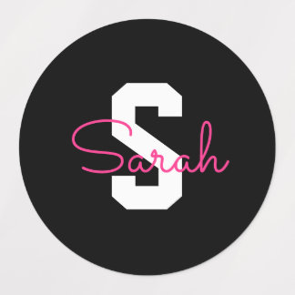 Étiquettes Joli nom et monogramme | Noir Blanc et Rose