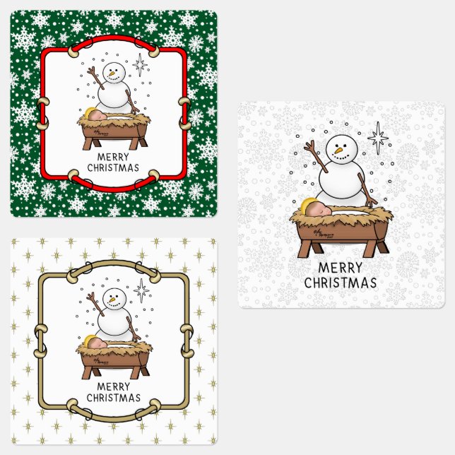 Étiquettes Joyeux Noël Nativité bébé Jésus Snowman (Groupe)