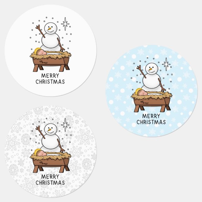Étiquettes Joyeux Noël Nativité bébé Jésus Snowman (Groupe)