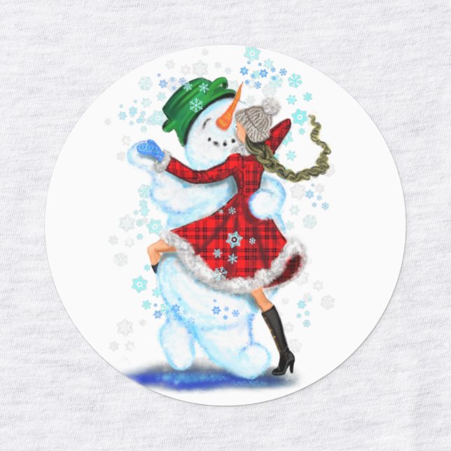 Étiquettes Joyeux Snowman et Fille Dance Tango fête de Noël (Design 3)