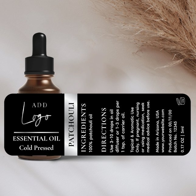 Étiquettes Logo en argent noir Essential Oil Bottle étanche (Waterproof dropper bottle label for small cosmetic bottles &verify size to ensure a good fit*)