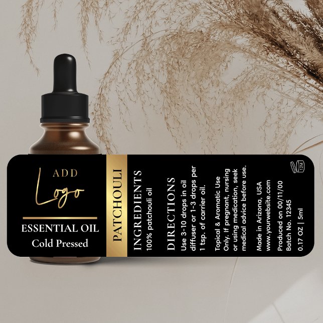Étiquettes Logo Noir & Or Essential Oil Bottle étanche (These labels can be used for small dropper bottles but please verify size to ensure a good fit)