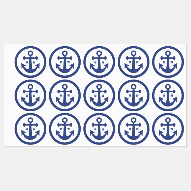 Étiquettes monogramme personnalisé Ancre nautique (Feuille)