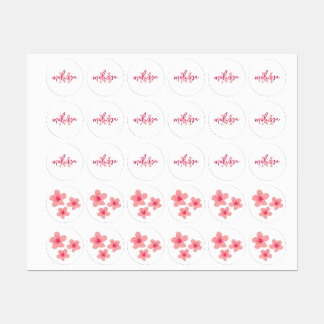 Étiquettes monogramme personnalisé Pink Sakura blue tartan (Feuille)