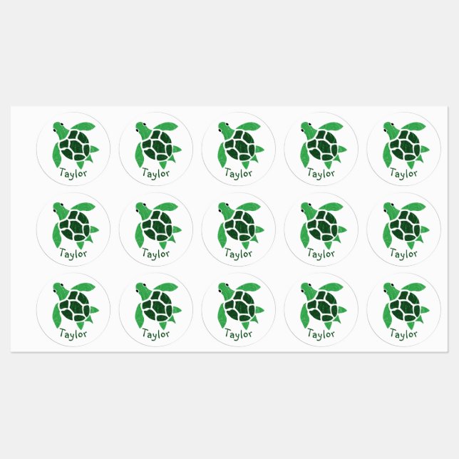 Étiquettes Mosaïque Jade Green Sea Turtle avec nom (Feuille)