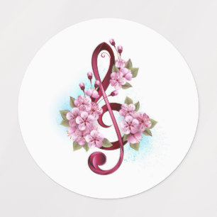 Étiquettes Musical treble clef notes with sakura flowers