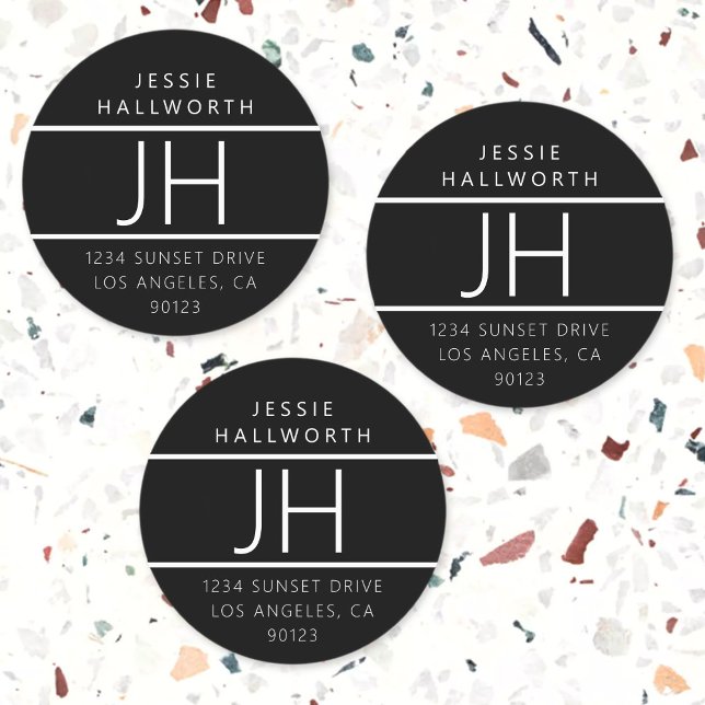 Étiquettes Noir & Blanc Moderne Monogramme étanche (Créateur téléchargé)