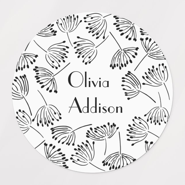 Étiquettes Noir et blanc Nom moderne Floral Dandelion (Design 3)