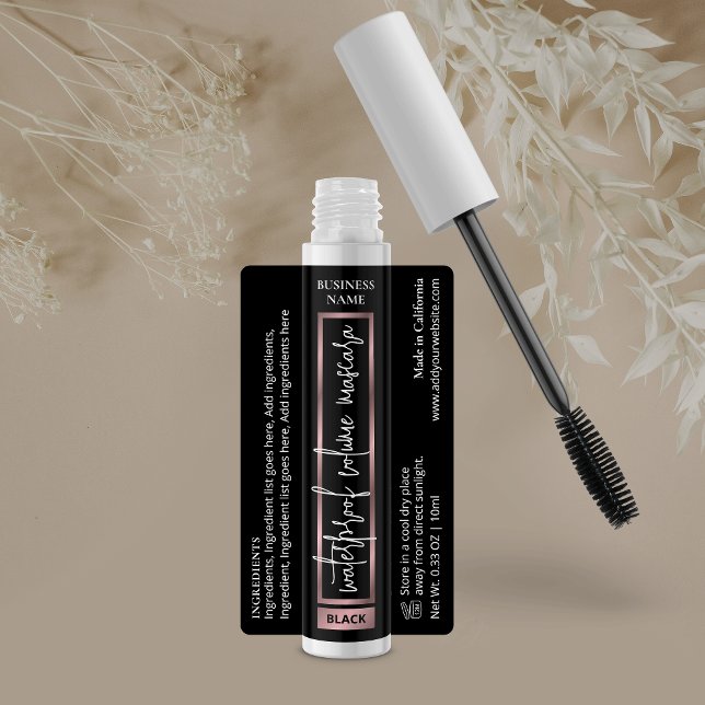 Étiquettes Noir et Rose Lash Serum Tube cosmétique Mascara (Black and faux rose gold cosmetic mascara tube wrap around label with fully editable text)