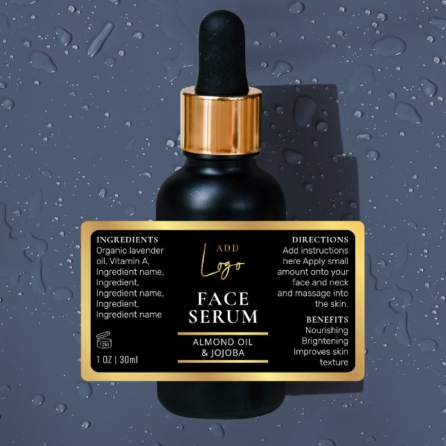 Étiquettes Noir & Or 1 OZ 30ml Bouteille cosmétique étanche (Waterproof 1 OZ cosmetic dropper bottle wrapper labels in black and faux gold *verify size*)