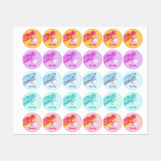 Étiquettes Nom de la fille whimsical pony cheval art enfants  (Feuille)