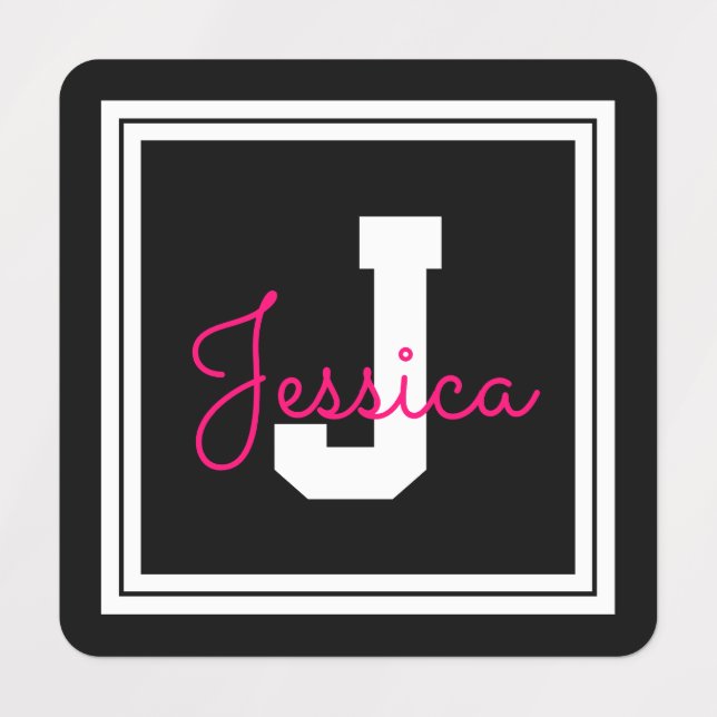 Étiquettes Nom et monogramme | Vêtements noirs blancs et rose (Design 1)