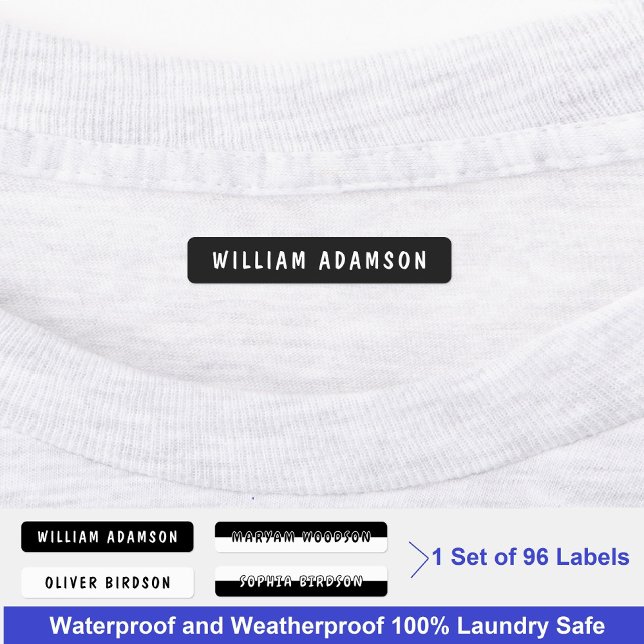 Étiquettes Nom long noir et blanc | Vêtements imperméables (kids name labels waterproof)