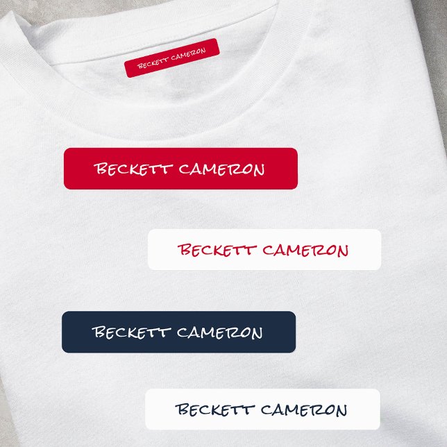 Étiquettes Nom sur rouge blanc bleu adhésif imperméable (1.75" x .3125" clothing labels iron-on or adhesive, 2 sheets of 48 labels, USE 1 OR up to 4 NAMES)