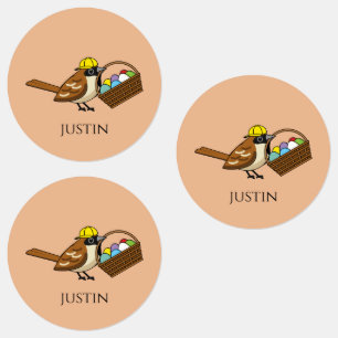 Étiquettes Oiseau drôle avec panier d'oeufs colorés   Personn