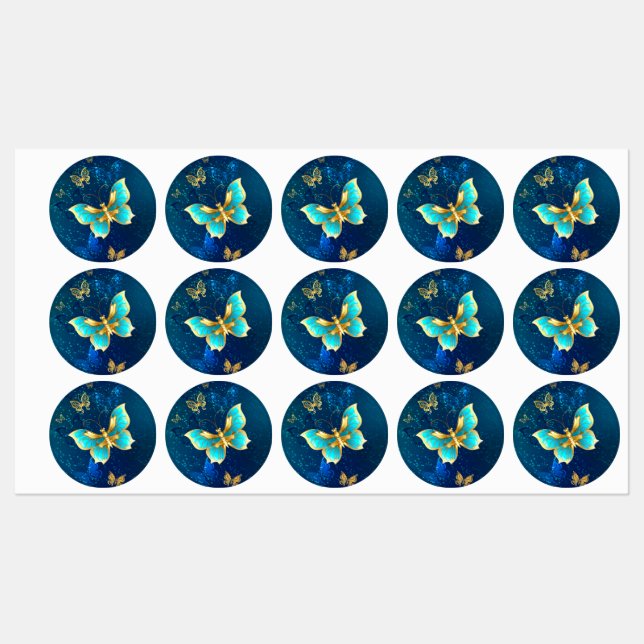 Étiquettes Papillons d'or sur un Arrière - plan bleu (Feuille)