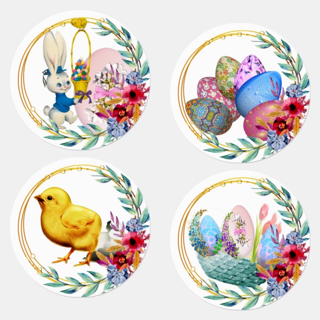 Étiquettes Pâques Lapin Poussin Panier Panier Plaine Florale  (Groupe)