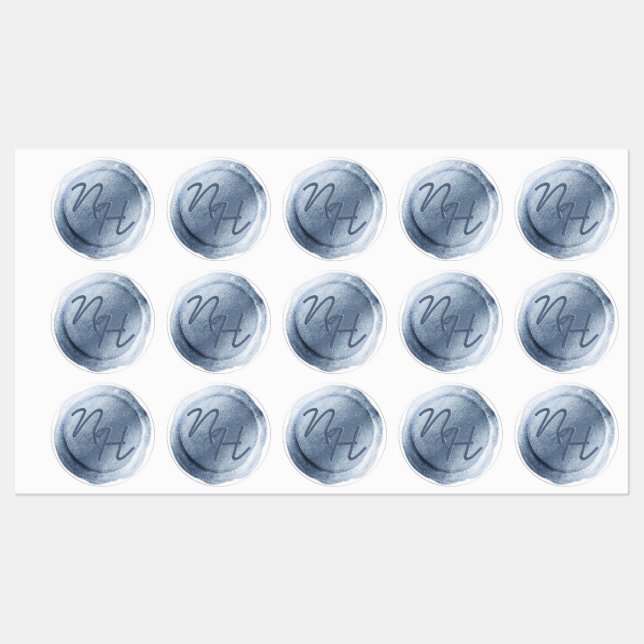Étiquettes Paraphe de sceau de cire bleu Dusty Monogramme Mar (Feuille)