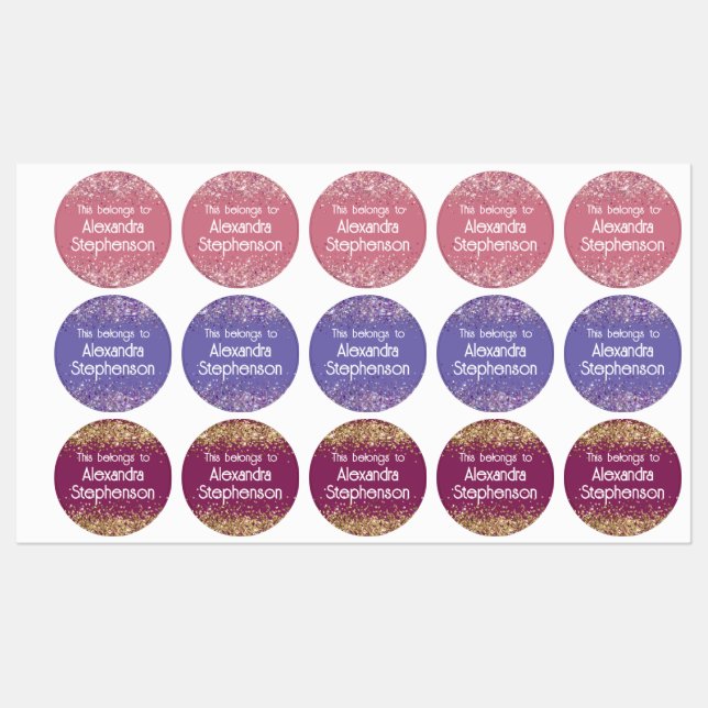 Étiquettes Parties scintillant rose violet bébé fille Nom éta (Feuille)