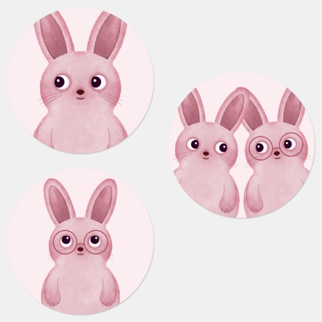 Étiquettes Petit lapin rose avec lunettes pour une fête de fi (Groupe)