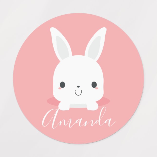 Étiquettes Petit lapin rosé mignon lapin avec nom personnalis (Design 1)