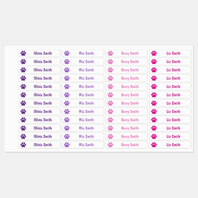 Étiquettes Pink Paw Print Personalized Kids Name Labels (Feuille)