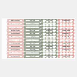 Étiquettes Pink & Sage Green Gingham Checker Custom Name 
