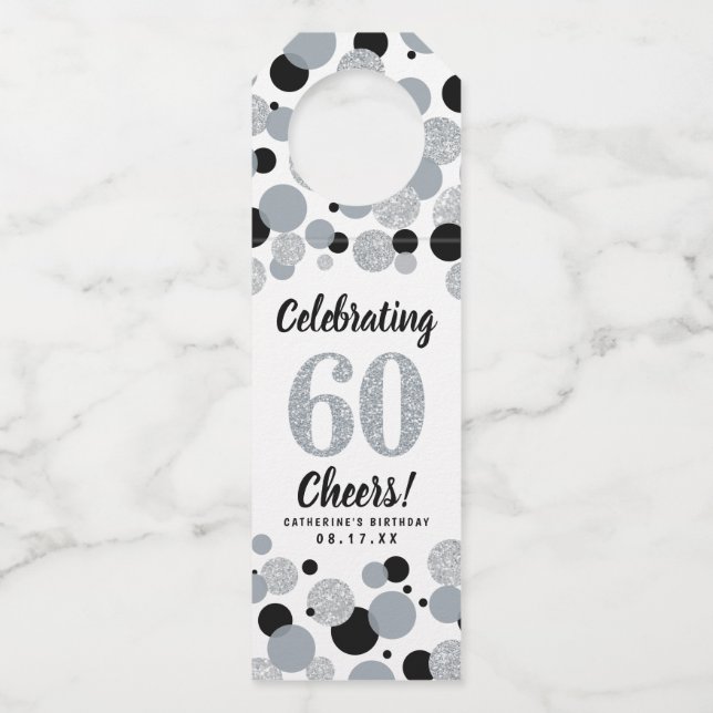 Étiquettes Pour Bouteilles 60e anniversaire Noir rose Gris Parties scintillan (Devant)