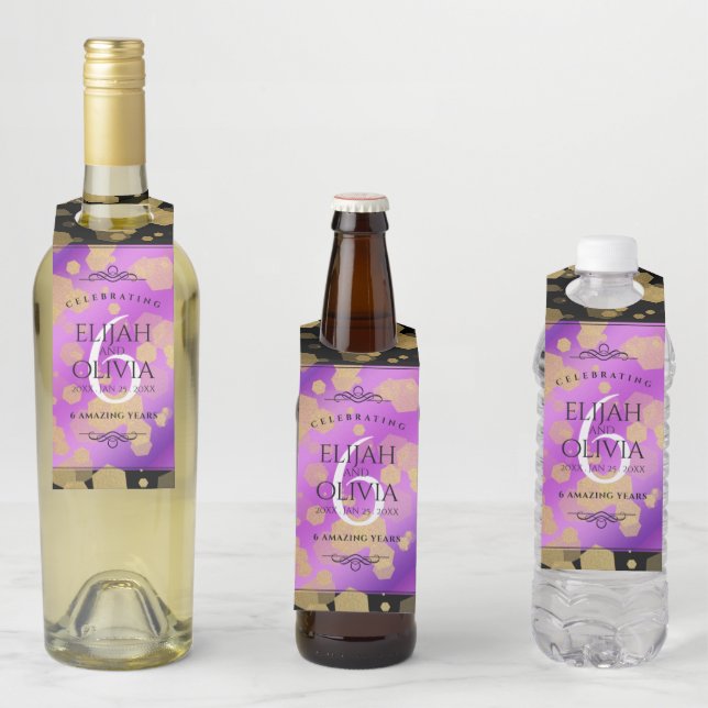 Étiquettes Pour Bouteilles 6e anniversaire de mariage améthyste élégant (En situation)
