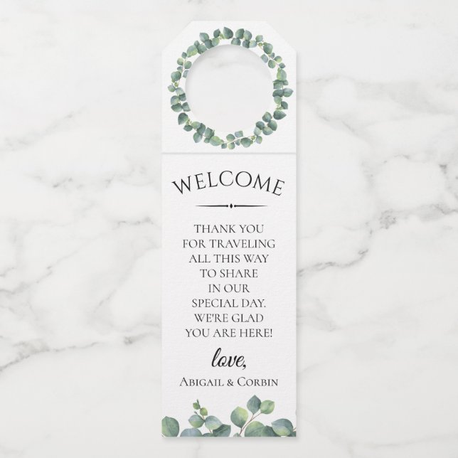 Étiquettes Pour Bouteilles Accueil de mariage de feuillage d'eucalyptus (Devant)