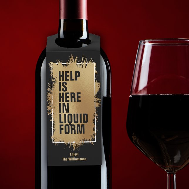 Étiquettes Pour Bouteilles AIDE EST ICI Texte Gold Foil en noir (Créateur téléchargé)