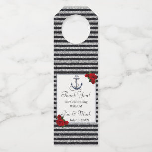 Étiquettes Pour Bouteilles Ancre nautique Mariage Silver Black Stripes