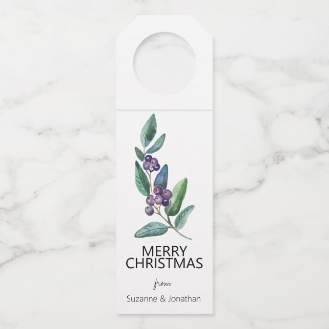 Étiquettes Pour Bouteilles Aquarelle Bleu Berry Feuilles Noël (Devant)