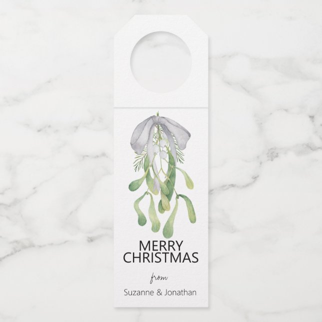 Étiquettes Pour Bouteilles Aquarelle Mistletoe Ruban Feuilles Noël (Devant)