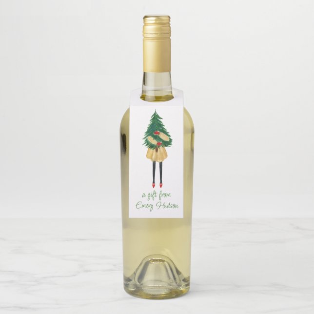 Étiquettes Pour Bouteilles Aquarelle Noël Fashion Girl with Greenery Bo (Sur bouteille)